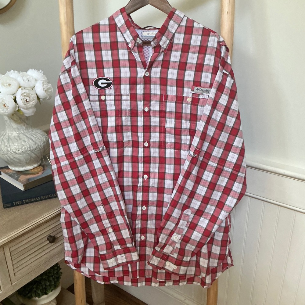 Columbia PFG Super Tamiami Shirt Mens XL Georgia Bulldogs Red Plaid Long Sleeve